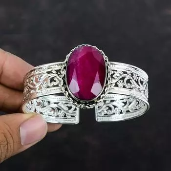 Браслет с ограненным кашмирским рубином, браслет-манжета ручной работы, регулируемый браслет из драгоценных камней, 925 пробы, изящный браслет-манжета, подарки для нее