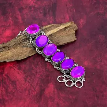 Браслет с ограненным розовым топазом, браслет из серебра 925 пробы с драгоценными камнями, ручная работа, уникальная цепочка с регулировкой Adjustable with 8 inches розовый