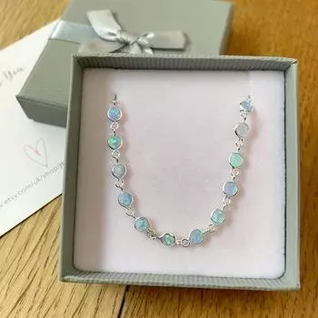 Браслет с опалом, браслет-звено с синим опалом, браслет-диск с синим опалом, браслет из стерлингового серебра, подарок на октябрьский камень 7-9 белый