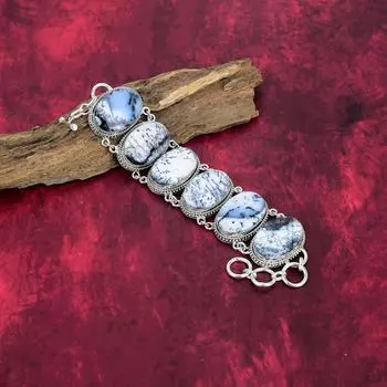 Браслет с опалом и дендритом из стерлингового серебра 925 пробы, ювелирные изделия из драгоценных камней, браслет ручной работы на День благодарения Adjustable with 8 inches белый