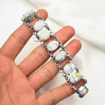 Браслет с опалом и дендритом из стерлингового серебра 925 пробы, ювелирные изделия из драгоценных камней, браслет ручной работы на День благодарения 8 inches with Adjustable белый