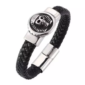 Браслет с панк-черепом, мужские кожаные браслеты из нержавеющей стали с магнитной пряжкой, мужской ювелирный подарок BB0280 165mm чёрный