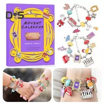 Браслет с подвесками в виде телешоу Адвент-календарь 24 дня друзей Комплект украшений для взрослых из цинкового сплава Регулируемый рождественский подарок A