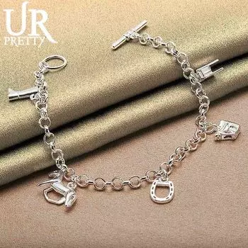 Браслет с подвеской в виде сапог и конского снаряжения из стерлингового серебра 925 пробы, модные свадебные украшения 20CM