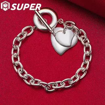 Браслет с подвеской в виде сердца из стерлингового серебра 925 пробы с пряжкой OT и двумя сердечками, модные ювелирные изделия 20cm