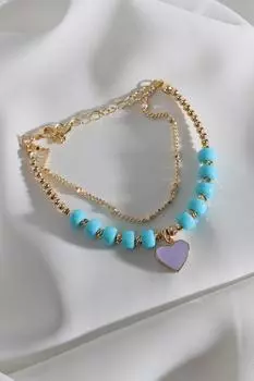 Браслет с подвеской в виде сердца с синей эмалью и бисером