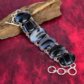 Браслет с полосчатым агатом, браслет из стерлингового серебра 925 пробы, ювелирные изделия из драгоценных камней, регулируемый браслет-цепочка, подарок для друга, дизайнерский браслет ручной работы 8 Inches With Adjustable белый