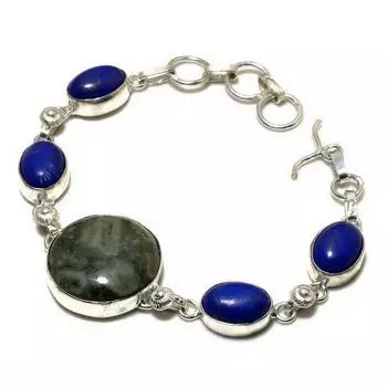 Браслет с посеребренным камнем 925 пробы, агатом, лазуритом и агатом океана, 6–8 дюймов.