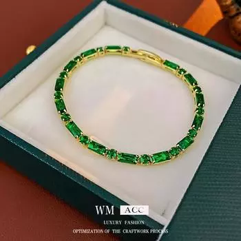 Браслет с пряжкой из изумрудного циркона из настоящего золота с гальваническим покрытием, легкий роскошный и изысканный браслет, элегантное и элегантное украшение для рук зелёный