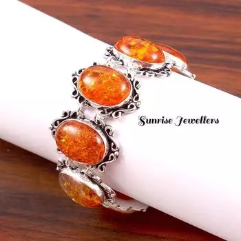 Браслет с янтарным камнем, посеребренный 925 пробы, ювелирные изделия ручной работы, 7.5Inch жёлтый