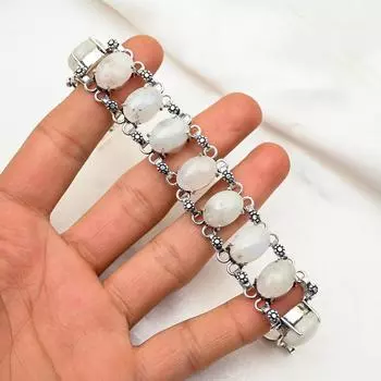 Браслет с радужным лунным камнем, браслет из стерлингового серебра 925 пробы, регулируемый браслет-цепочка, браслет ручной работы, для подарков 8 inches with Adjustable белый