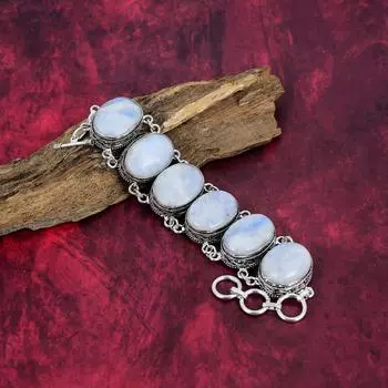 Браслет с радужным лунным камнем, драгоценные камни, браслет из стерлингового серебра 925 пробы, красивый ювелирный браслет ручной работы Adjustable with 8 inches белый