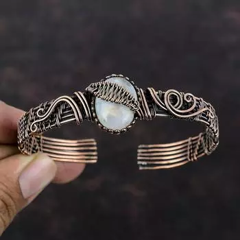 Браслет с радужным лунным камнем, регулируемый браслет-манжета, обмотанный медной проволокой, ювелирное изделие ручной работы, этнический браслет, обмотанный медной проволокой, браслет-манжета