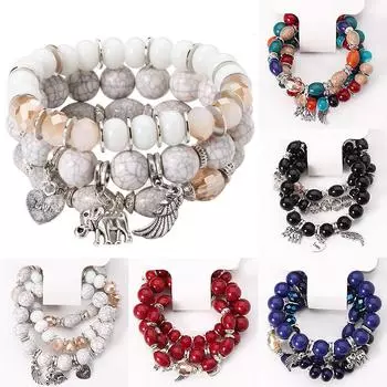Браслет с разноцветными драгоценными камнями, слон, бисер, крылья любви, бохо, 3 шт./компл., мраморный браслет, высокая эластичность 5