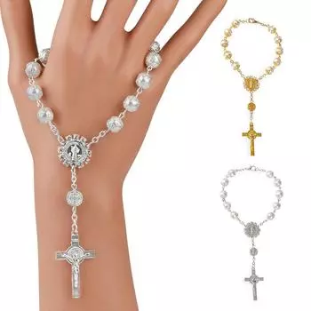 Браслет с регулируемой длиной, искусственный жемчуг, цепочка из бисера, распятие, подвеска на руку, орнамент, религиозные украшения, подарок золотой
