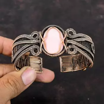 Браслет с розовым опалом, браслет-манжета из медной проволоки, регулируемый браслет, браслет из проволоки, браслет с драгоценными камнями, подарок для мамы, браслет ручной работы, медные украшения