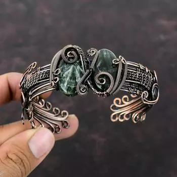 Браслет с серафинитом, медная проволока, ювелирные изделия из драгоценных камней, регулируемый браслет, ювелирные изделия ручной работы, медный браслет-манжета, браслет, завернутый в проволоку, для подарка