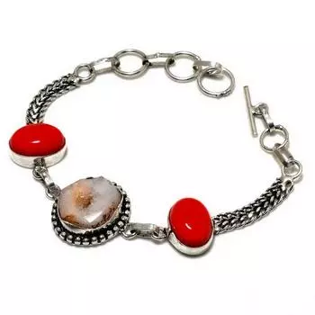 Браслет с серебряным покрытием 925 пробы, оранжевый коралл, кусочек красного коралла, длина 6–8 дюймов
