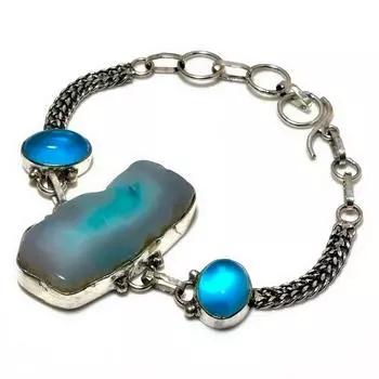 Браслет с серебряным покрытием 925 пробы, синий топаз, голубые друзы, 6–8 дюймов