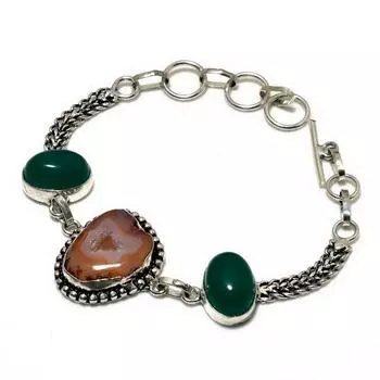 Браслет с серебряным покрытием 925 пробы, зеленый оникс, оранжевые друзы, длина 6–8 дюймов