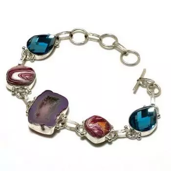 Браслет с серебряным покрытием из розового друза, синего мистического драгоценного камня 925, длина 6–8 дюймов