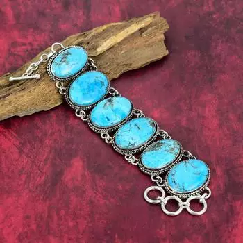 Браслет с синей бирюзой, браслет из стерлингового серебра 925 пробы, прекрасный свадебный подарок, ювелирные изделия ручной работы, подарок для любви 8 Inches With Adjustable синий