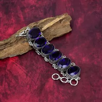 Браслет с синим сапфиром, браслет из драгоценных камней ручной работы, старинные ювелирные изделия из стерлингового серебра 925 пробы, для подарка на помолвку Adjustable with 8 inches синий