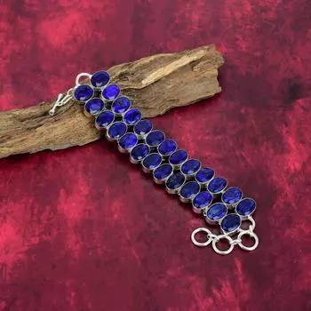 Браслет с синим сапфиром, браслет из драгоценных камней ручной работы, браслет из стерлингового серебра 925 пробы, старинные ювелирные изделия, для подарка на помолвку Adjustable with 8 inches синий