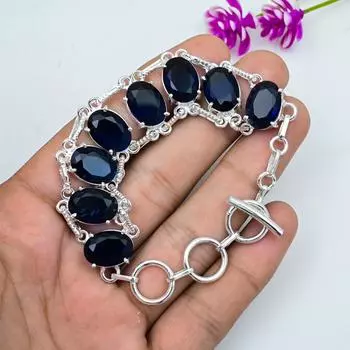 Браслет с синим сапфиром, браслет из драгоценных камней ручной работы, старинные ювелирные изделия из стерлингового серебра 925 пробы, для подарка на помолвку 8 Inches синий