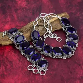 Браслет с синим сапфиром, ожерелье ручной работы из драгоценных камней, комплект ювелирных изделий из стерлингового серебра 925 пробы, старинный браслет и ожерелье для подарка на помолвку Adjustable With 8 -18 синий