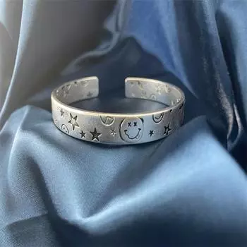 Браслет с улыбающимся лицом S999 Ретро Открытый браслет с пятиконечной звездой и Луной в качестве подарка на день рождения для друзей Adjustable size