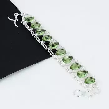 Браслет с зеленым аметистом. Драгоценный камень с зеленым аметистом. Браслет ручной работы из стерлингового серебра 925 пробы. Браслет с зеленым аметистом, браслет унисекс. Подарок для нее. 8 зелёный
