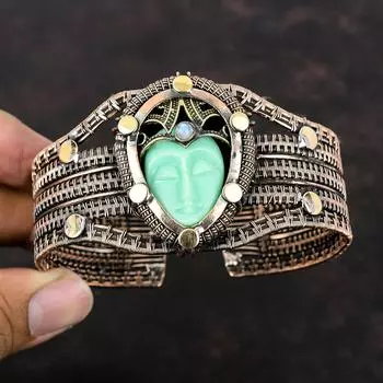 Браслет с зеленым резным камнем в виде лица из кости, браслет-манжета из медной проволоки, регулируемый браслет, браслет ручной работы с радужным лунным камнем, медные украшения