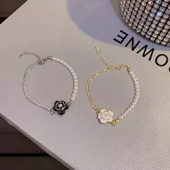 Браслет с жемчугом и камелией 2024 года — модные роскошные украшения для рук для женщин S377 чёрный