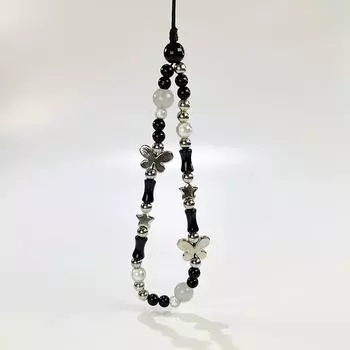 Браслет-шнурок для мобильного телефона в виде бабочки, ручная работа, черные ремешки для телефона с бусинами, эстетическая подвеска-цепочка для мобильного телефона Y2K
