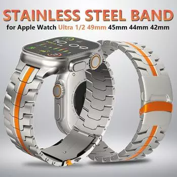 Браслет со стальными звеньями 49 мм для Apple Watch 49 мм 45 мм 44 мм 42 мм Роскошный мужской ремешок Iwatch Series 9 6 5 4 Se 7 8 Ultra 2 Correa 41 мм 40 мм 38 мм ремешок For 38mm 40mm 41mm оранжевый