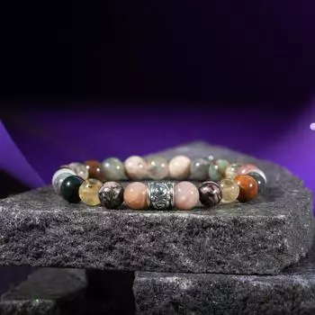 Браслет со знаком Льва Бронзит, Солнечный камень, Кровавый камень, Лабрадорит, Родонит, Цитрин