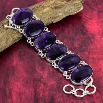 Браслет со звездным аметистом, драгоценный камень 925, твердые серебряные украшения, натуральные украшения, регулируемый браслет-цепочка ручной работы для ювелирных изделий для мамы 8 Inches With Adjustable фиолетовый