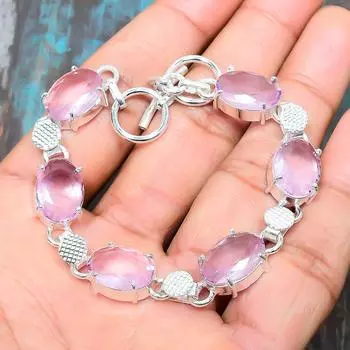 Браслет стерлингового серебра 925 розовой драгоценной камня кунзите ручной работы на Рождество 7-8 Inches розовый