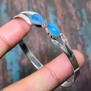 Браслет стерлингового серебра 925 ювелирных изделий голубого халцедона ручной работы регулируемый Adjustable синий