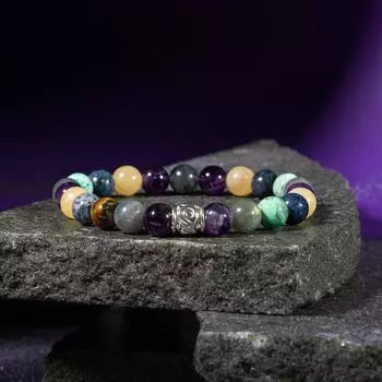 Браслет Стрелец Аметист, Дюмортьерит, Испанский варицит, Кальцит, Лабрадорит