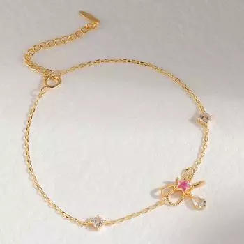 Браслет Sweet Style с бантом и цирконием, стерлинговое серебро S925, позолоченные женские украшения 20CM