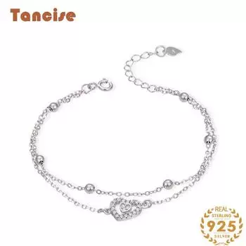 Браслет Tancision из стерлингового серебра 925 пробы для женщин в форме сердца с цирконием и бусинами, двухслойные браслеты-цепочки, свадебные ювелирные изделия, подарок