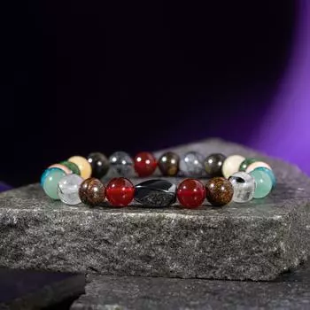 Браслет Телец Бронзит, золотой обсидиан, солнечный камень, кальцит, кристаллический кварц, хризоколла, синий апатит, рутиловый кварц, зеленый авантюрин, нефрит