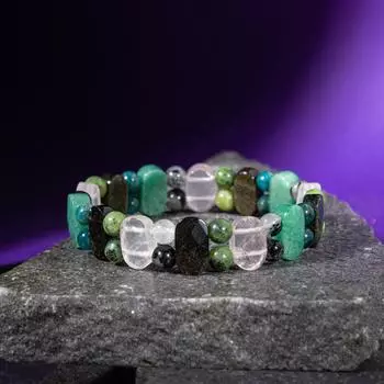 Браслет Телец Золотой обсидиан, синий апатит, розовый кварц, рутиловый кварц, черный турмалин, зеленый авантюрин, нефрит