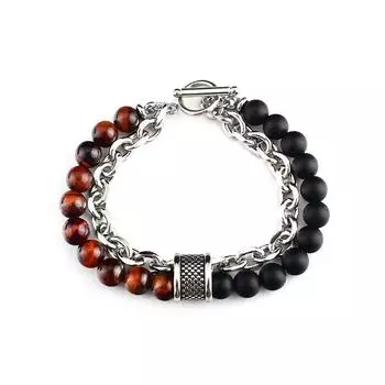 Браслет тигровый глаз нержавеющая сталь мужская металлическая цепочка двойная бисерная белый