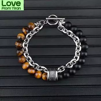 Браслет тигровый глаз нержавеющая сталь мужская металлическая цепочка двойная бисерная белый