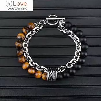 Браслет тигровый глаз нержавеющая сталь мужская металлическая цепочка двойная бисерная белый