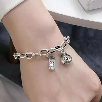 Браслет удачи Yousheng в стиле ретро, толстая цепочка, медная денежная подвеска, символ богатства, наручные украшения для повседневной носки, праздничный подарок для друзей