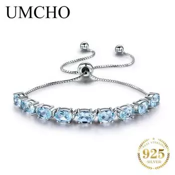 Браслет UMCHO 9CT с натуральным небесно-голубым топазом и аквамарином, браслет из стерлингового серебра 925 пробы